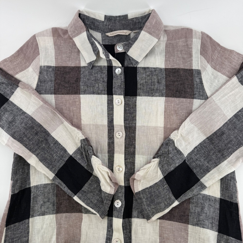 Soft Surroundings Plaid Linen Blend Tunic Shirt‎ Womens Long Sleeve Button Up